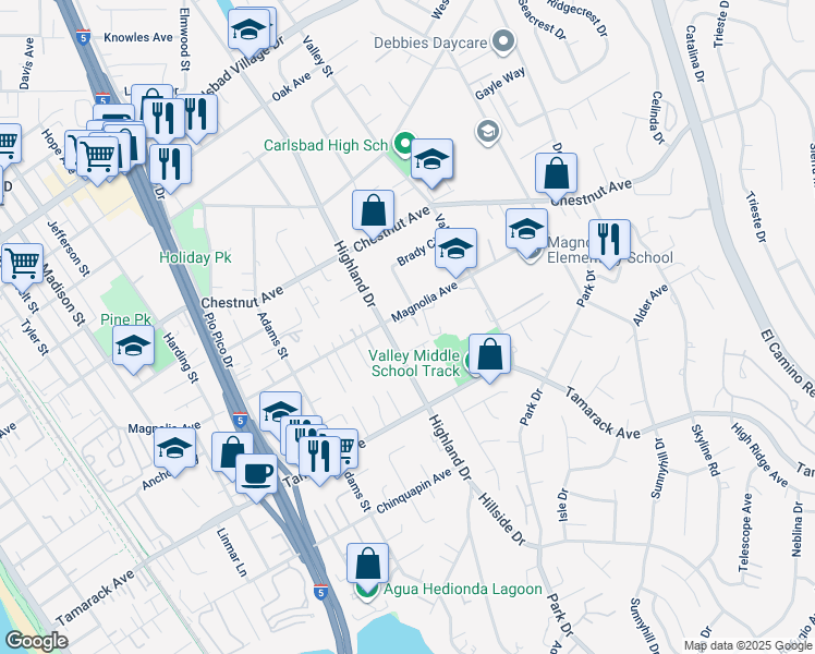 map of restaurants, bars, coffee shops, grocery stores, and more near 3700 Highland Drive in Carlsbad
