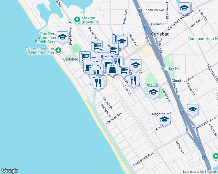 map of restaurants, bars, coffee shops, grocery stores, and more near 391 Oak Avenue in Carlsbad