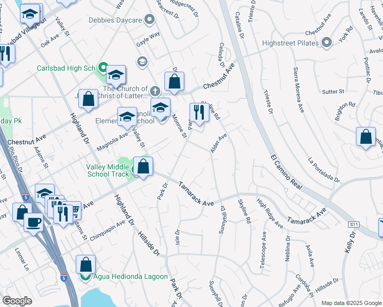 map of restaurants, bars, coffee shops, grocery stores, and more near 3922 May Court in Carlsbad