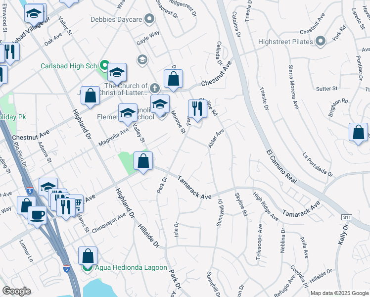 map of restaurants, bars, coffee shops, grocery stores, and more near 3922 May Court in Carlsbad