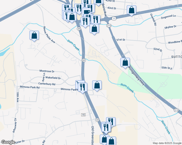 map of restaurants, bars, coffee shops, grocery stores, and more near 5621 Alabama Highway 69 South in Tuscaloosa