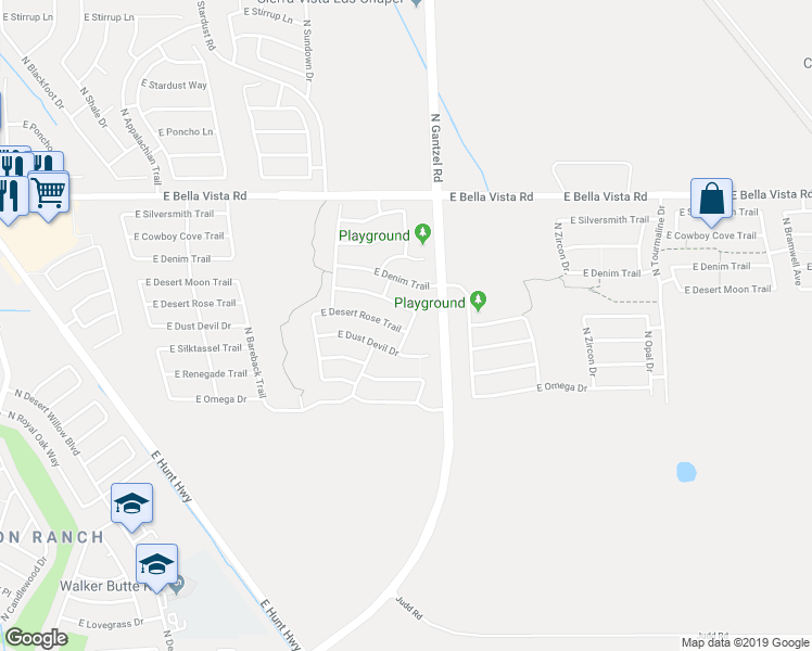 map of restaurants, bars, coffee shops, grocery stores, and more near 1944 East Desert Rose Trail in Queen Creek