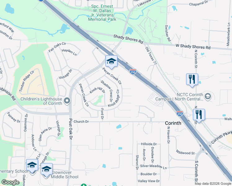 map of restaurants, bars, coffee shops, grocery stores, and more near 1613 Knoll Ridge Cir in Corinth