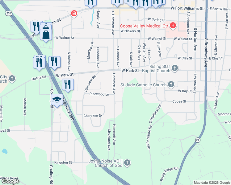 map of restaurants, bars, coffee shops, grocery stores, and more near 469 Hammett Avenue in Sylacauga
