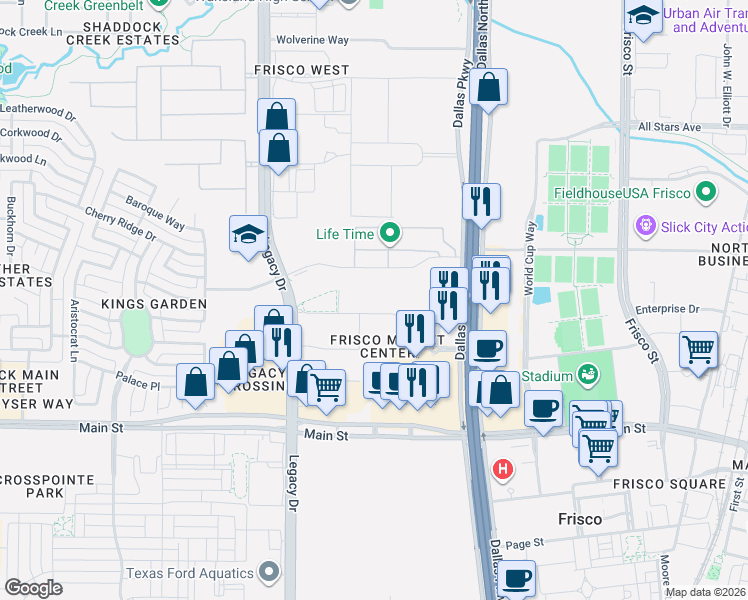 map of restaurants, bars, coffee shops, grocery stores, and more near 4800 Printers Way in Frisco