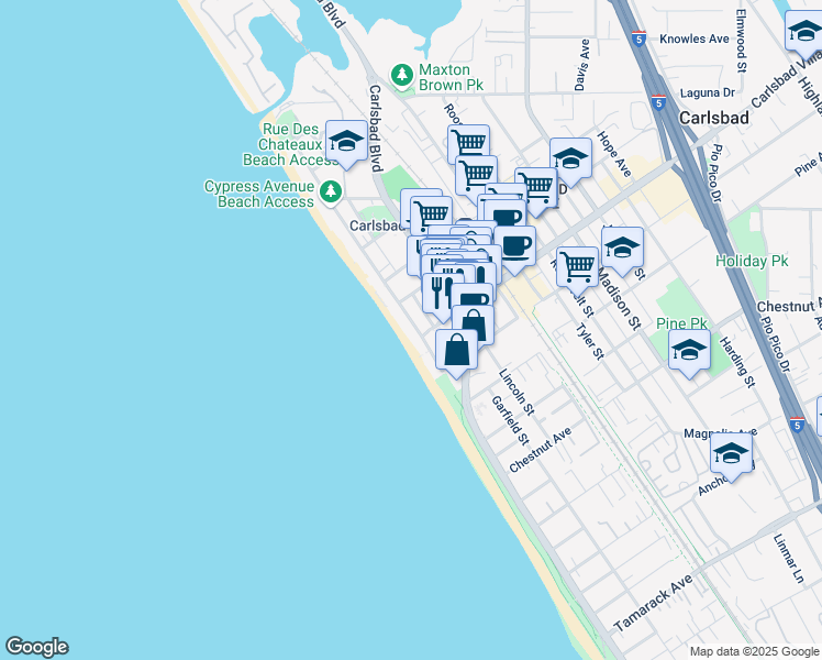 map of restaurants, bars, coffee shops, grocery stores, and more near 2977 Ocean Street in Carlsbad