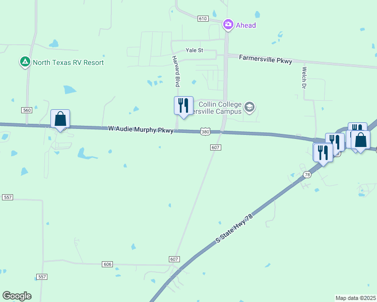 map of restaurants, bars, coffee shops, grocery stores, and more near 1821 West Audie Murphy Parkway in Farmersville