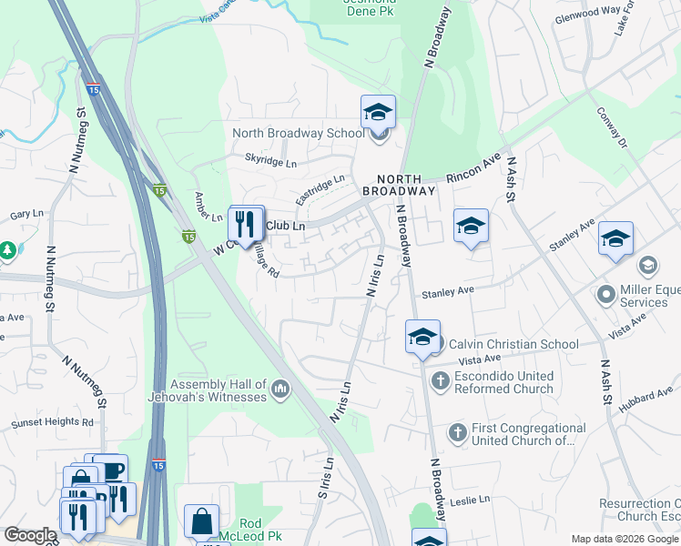 map of restaurants, bars, coffee shops, grocery stores, and more near 2148 Woodbury Place in Escondido