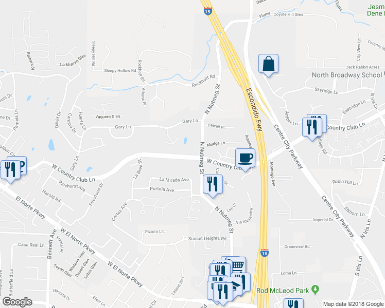 map of restaurants, bars, coffee shops, grocery stores, and more near 1118 West Country Club Lane in Escondido