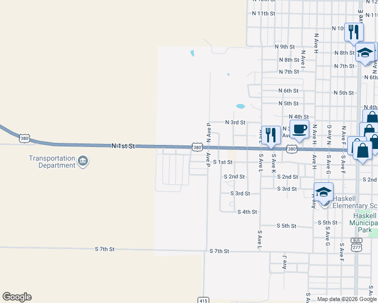 map of restaurants, bars, coffee shops, grocery stores, and more near 1609 North 1st Street in Haskell