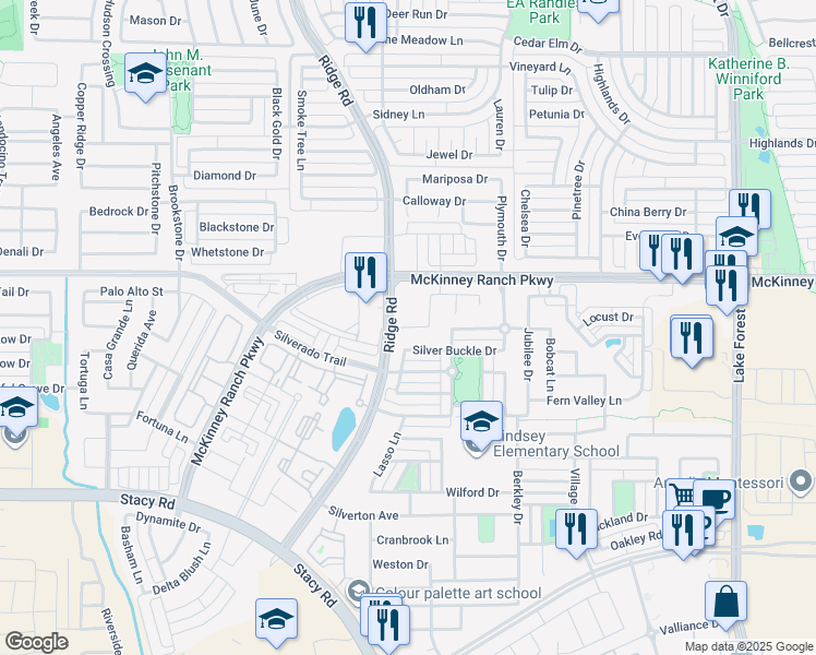 map of restaurants, bars, coffee shops, grocery stores, and more near 5905 Layena Drive in McKinney