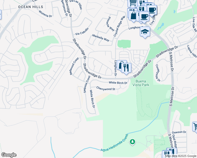 map of restaurants, bars, coffee shops, grocery stores, and more near 1968 White Birch Drive in Vista