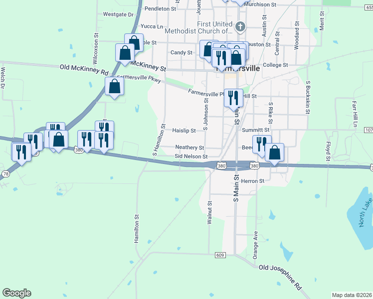 map of restaurants, bars, coffee shops, grocery stores, and more near 409 Neathery Street in Farmersville