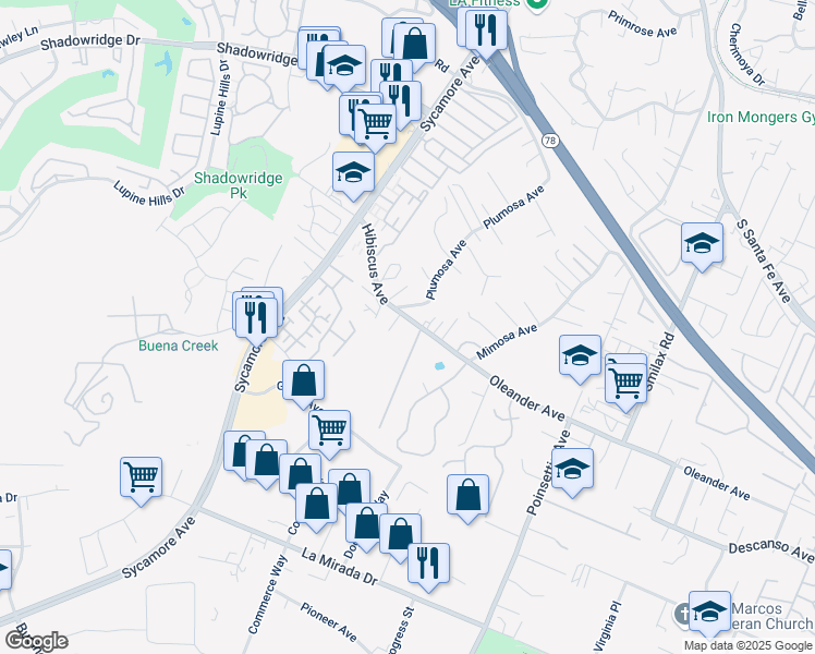 map of restaurants, bars, coffee shops, grocery stores, and more near 902 Orchid Court in Vista