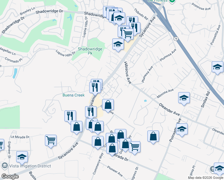 map of restaurants, bars, coffee shops, grocery stores, and more near 958 Foxwood Lane in Vista