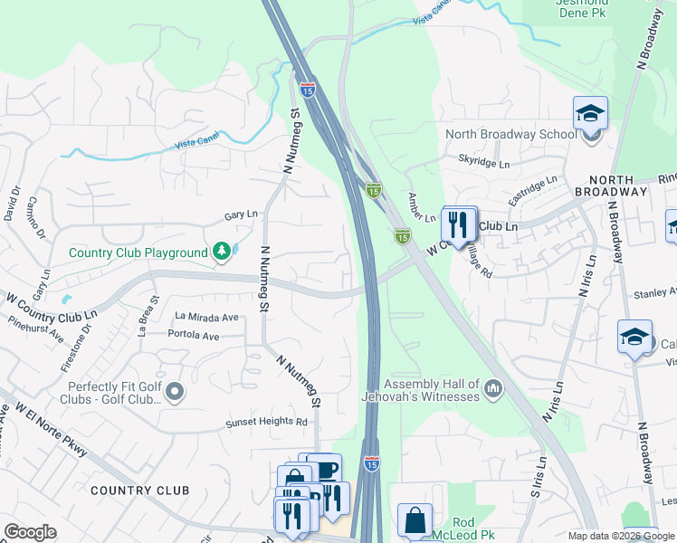 map of restaurants, bars, coffee shops, grocery stores, and more near 2125 Domingo Glen in Escondido