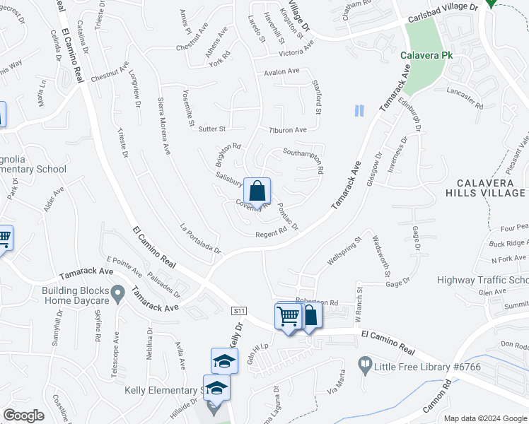 map of restaurants, bars, coffee shops, grocery stores, and more near 2677 Coventry Road in Carlsbad