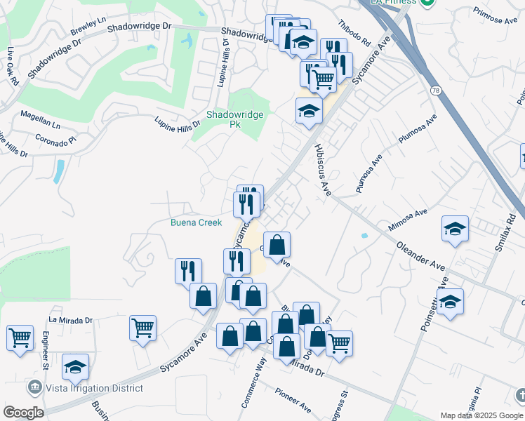map of restaurants, bars, coffee shops, grocery stores, and more near 1060 Kendale Way in Vista