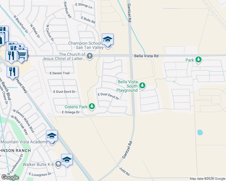 map of restaurants, bars, coffee shops, grocery stores, and more near 1813 East Desert Rose Trail in San Tan Valley