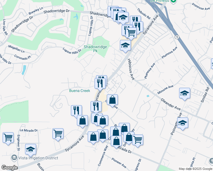 map of restaurants, bars, coffee shops, grocery stores, and more near 1060 Kendale Way in Vista