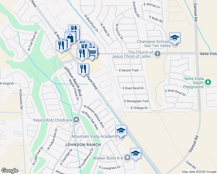 map of restaurants, bars, coffee shops, grocery stores, and more near 891 East Desert Rose Trail in San Tan Valley