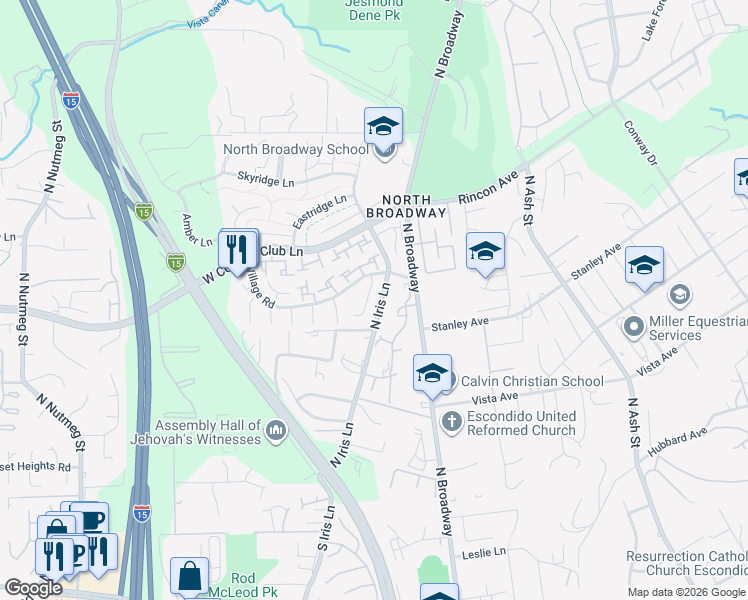 map of restaurants, bars, coffee shops, grocery stores, and more near 2144 Country Place in Escondido
