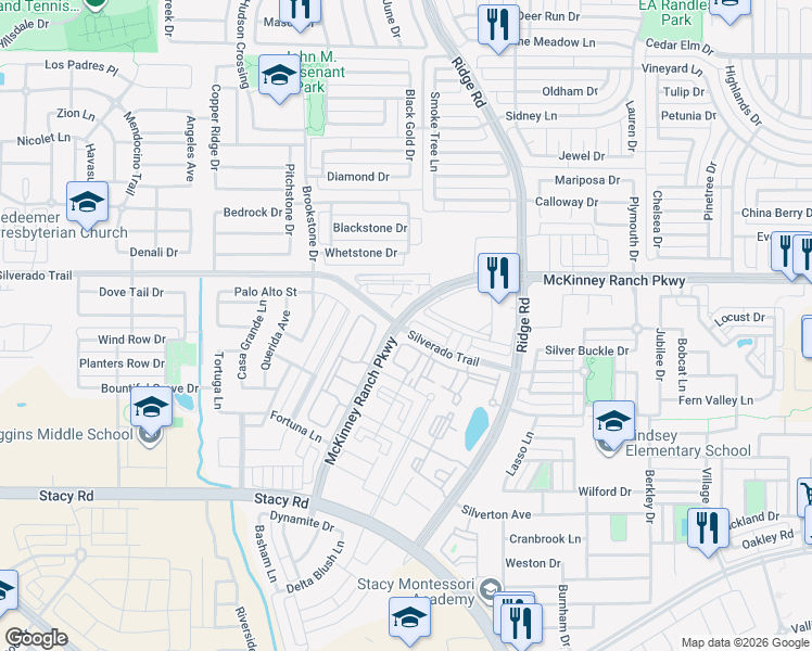 map of restaurants, bars, coffee shops, grocery stores, and more near 6170 Silverado Trail in McKinney