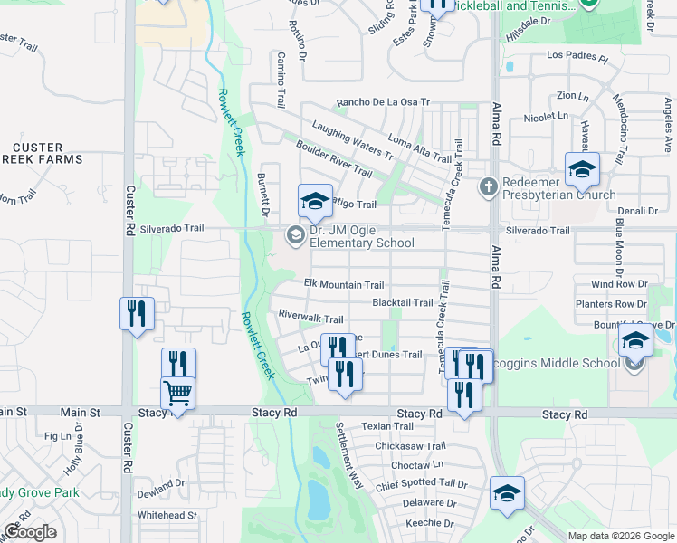 map of restaurants, bars, coffee shops, grocery stores, and more near 8401 White Stallion Trail in McKinney
