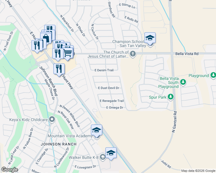 map of restaurants, bars, coffee shops, grocery stores, and more near 1070 East Dust Devil Drive in Queen Creek