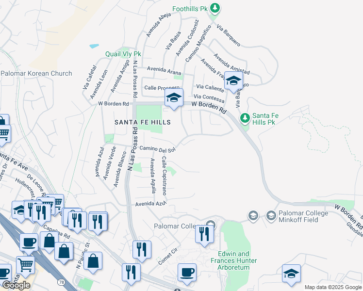 map of restaurants, bars, coffee shops, grocery stores, and more near 1097 Camino Del Sol in San Marcos