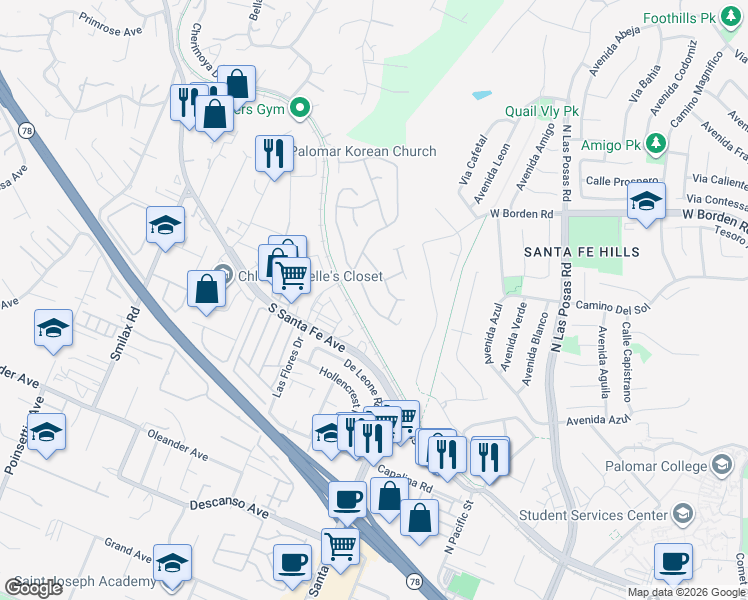 map of restaurants, bars, coffee shops, grocery stores, and more near 823 Via La Venta in San Marcos