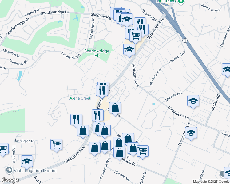 map of restaurants, bars, coffee shops, grocery stores, and more near 1052-1108 Sycamore Avenue in Vista