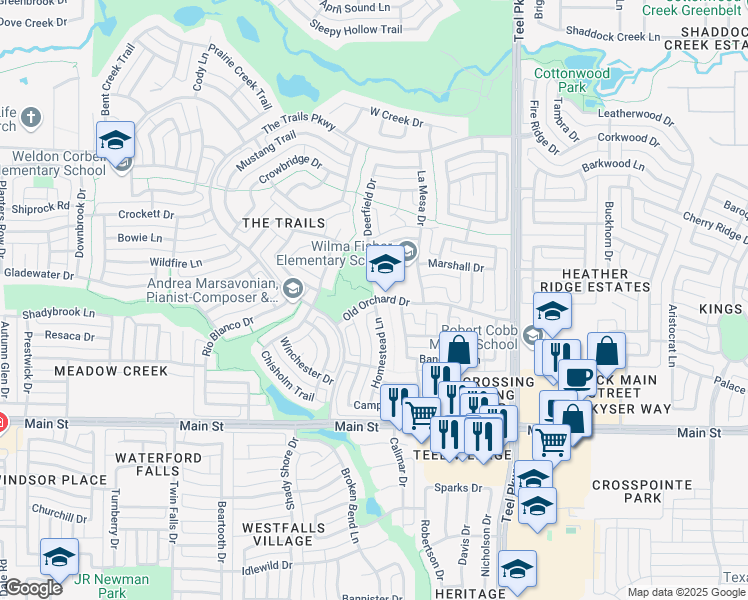 map of restaurants, bars, coffee shops, grocery stores, and more near 2500 Old Orchard Drive in Frisco