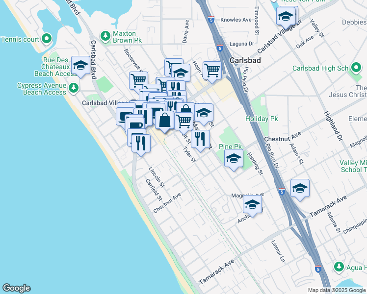 map of restaurants, bars, coffee shops, grocery stores, and more near 3197 Tyler Street in Carlsbad