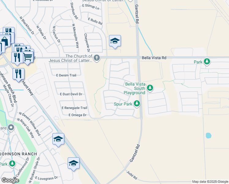 map of restaurants, bars, coffee shops, grocery stores, and more near 1747 East Desert Rose Trail in Queen Creek