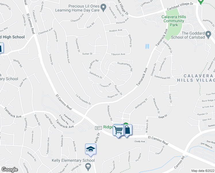 map of restaurants, bars, coffee shops, grocery stores, and more near 2677 Coventry Road in Carlsbad