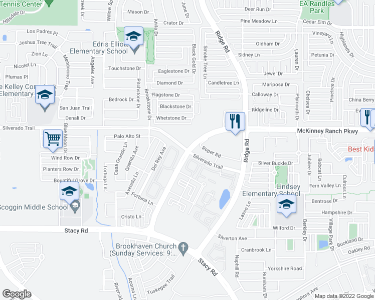 map of restaurants, bars, coffee shops, grocery stores, and more near 6052 Silverado Trail in McKinney