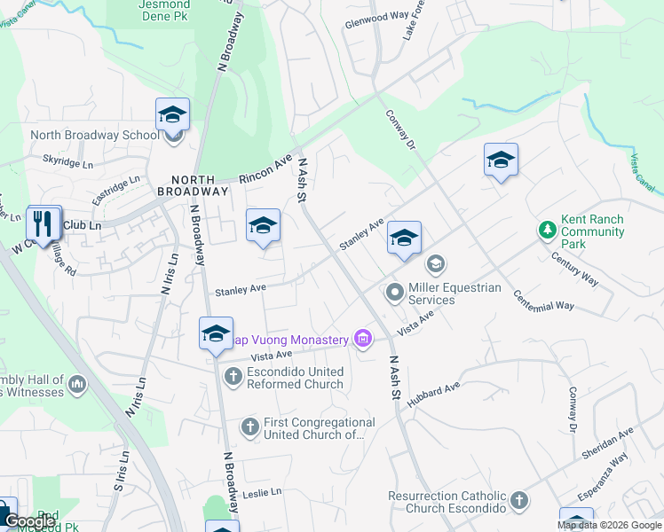 map of restaurants, bars, coffee shops, grocery stores, and more near 2096 Woolem Place in Escondido