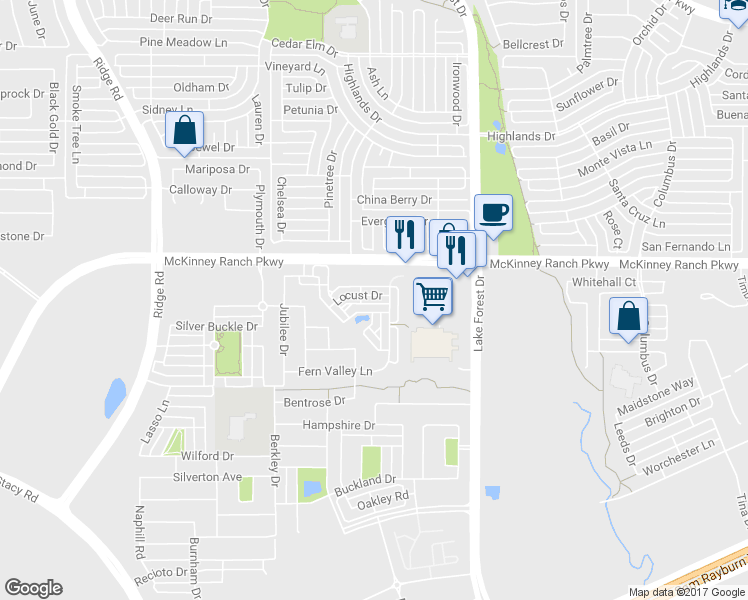 map of restaurants, bars, coffee shops, grocery stores, and more near 5325 Locust Drive in McKinney