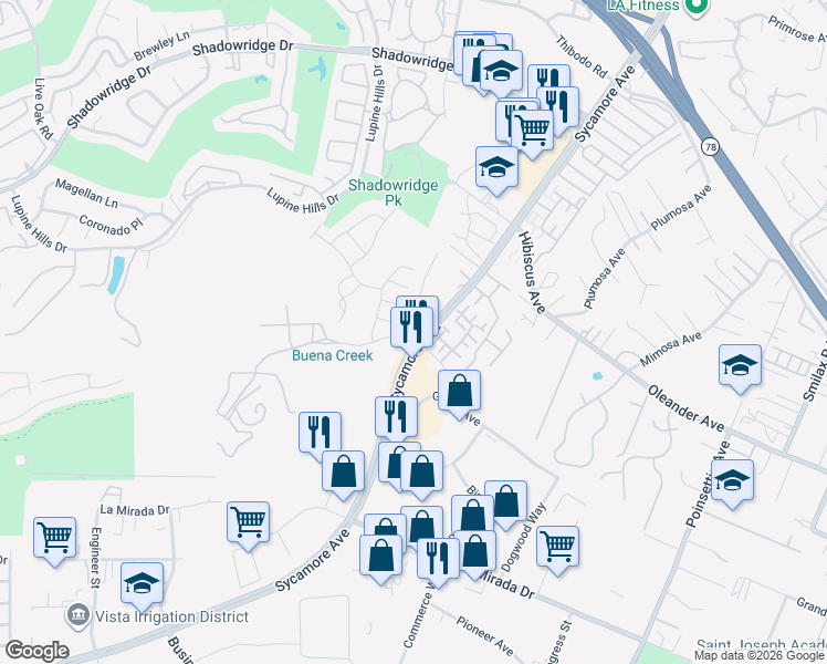 map of restaurants, bars, coffee shops, grocery stores, and more near 1114 Woodcrest Lane in Vista