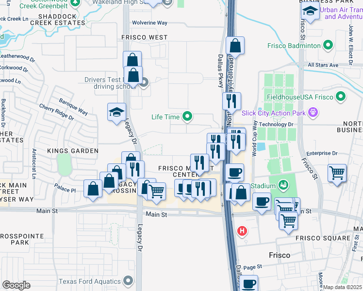 map of restaurants, bars, coffee shops, grocery stores, and more near 4800 Printers Way in Frisco