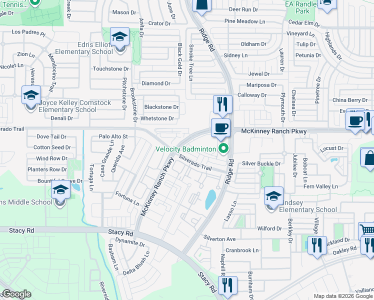 map of restaurants, bars, coffee shops, grocery stores, and more near 6117 Roper Road in McKinney