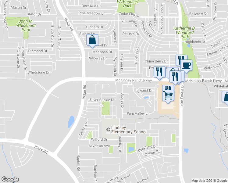 map of restaurants, bars, coffee shops, grocery stores, and more near 5701 Broken Spur in McKinney