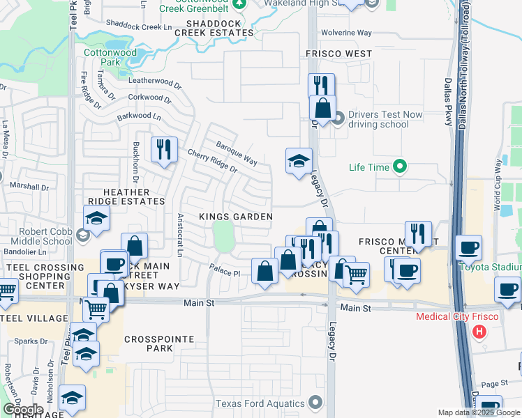 map of restaurants, bars, coffee shops, grocery stores, and more near 4130 Sun King Lane in Frisco