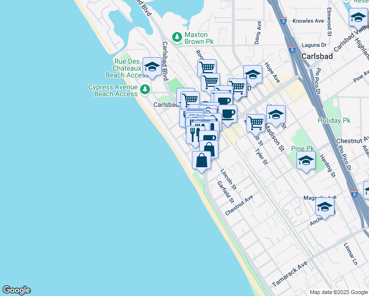 map of restaurants, bars, coffee shops, grocery stores, and more near 2950 Ocean Street in Carlsbad