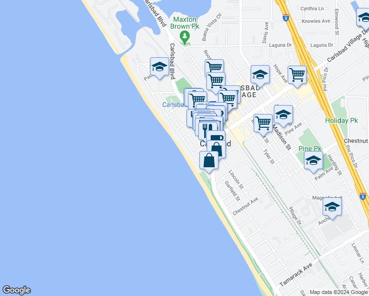 map of restaurants, bars, coffee shops, grocery stores, and more near 2955 Ocean Street in Carlsbad