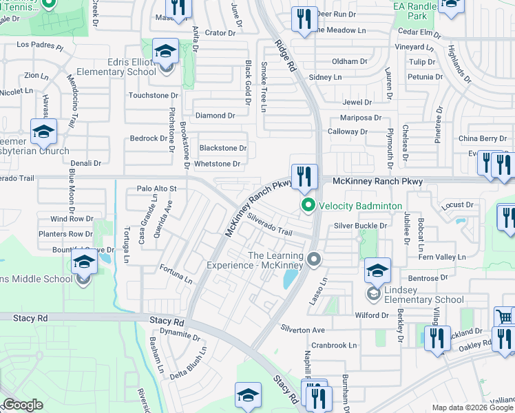 map of restaurants, bars, coffee shops, grocery stores, and more near 6117 Roper Road in McKinney