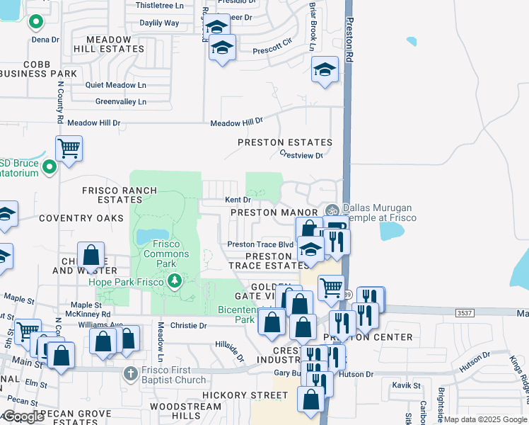map of restaurants, bars, coffee shops, grocery stores, and more near 9765 Windy Ridge Road in Frisco