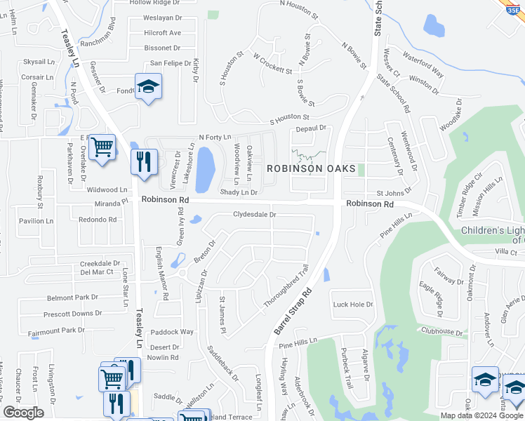 map of restaurants, bars, coffee shops, grocery stores, and more near 3419 Clydesdale Drive in Denton