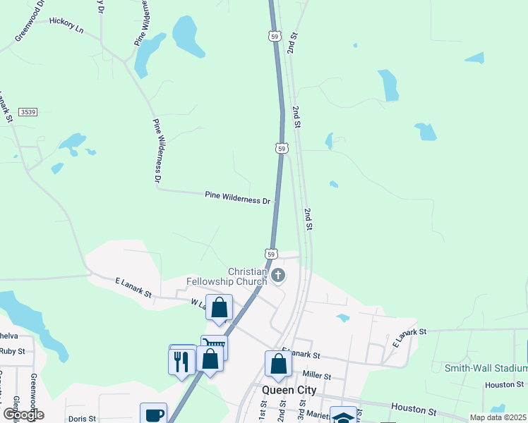map of restaurants, bars, coffee shops, grocery stores, and more near 301 Pine Wilderness Drive in Queen City